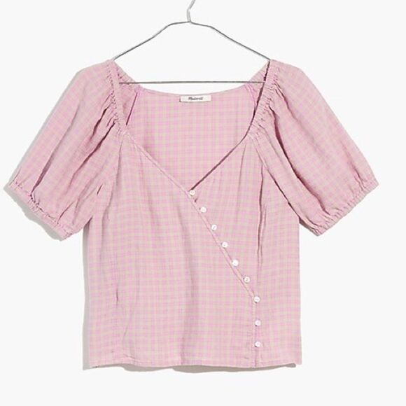 Madewell Linen-Blend Puff-Sleeve Button-Wrap Top in Plaid Lavender 3x - Picture 10 of 13